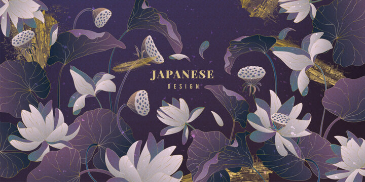 Lotus flowers. Gold botanical elements on purple yoga background, floral line pattern, luxury spring india art, china or japanese ornament. Vector abstract exact wall art or wallpaper design