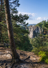 View of the Bastei and rock formations in the Elbe River Valley, Saxon Switzerland National Park, Germany