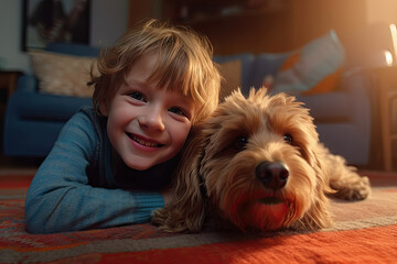 Cheerful of a child with the dog lying on the mat in the living room. Generative Ai