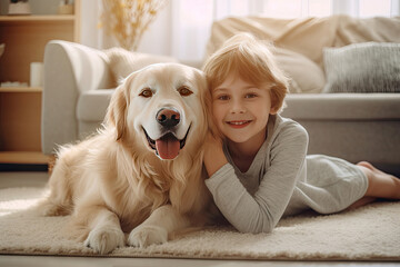 Cheerful of a child with the dog lying on the mat in the living room. Generative Ai