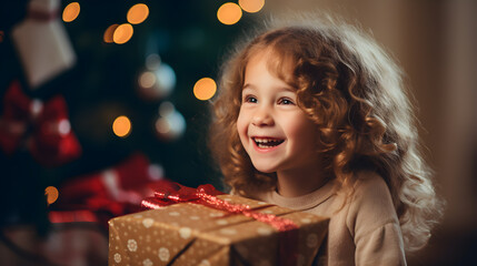 Fototapeta na wymiar Happy Laughing Child Girl With Christmas Present