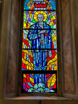 Zloty Potok, Poland, July 30, 2023: Interior of the church of St. John the Baptist in Zloty Potok, Poland. Stained glass window depicting St. Maximilian Kolbe