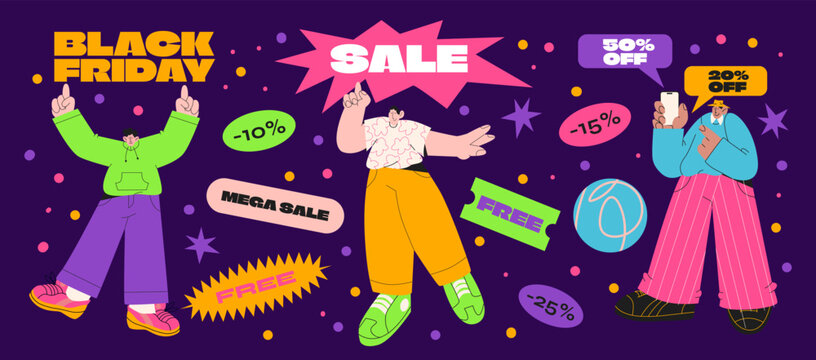 Big sale, cartoon retro characters of black friday and discount. Advertising stickers, price off, marketing strategy