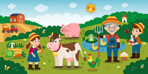 Obraz na płótnie Canvas Kids farm. Happy farmer family. Boy on nature ranch. Girl feeding cow. Funny chick and pig. Children in domestic country. Field tractor. Vegetables growing. Vector cartoon tidy illustration