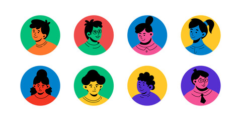 People avatars. Bright colorful doodle characters in circles, person icons with diverse face, abstract modern young art. Trendy heads for forum or blog users profile. Vector design, tidy set