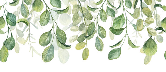 Long banner header with hanging green botany. Hand painted watercolor illustration for greeting card and invitation design