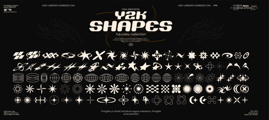Retro futuristic y2k shapes design elements. Collection abstract graphic geometric symbols and objects. Templates for notes, banners, stickers, business cards	