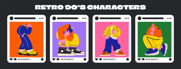 Retro happy boy 90s characters in tracksuits. Young people are dancing at the party. Social media vector frames