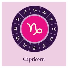 Capricorn sign . Vector illustration. Capricorn zodiac sign symbole on pink background horoscope astrology. Zodiac sign. Astrological calendar. Zodiacal black and white vector horoscope. Line