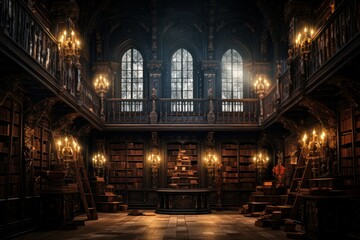 A gothic library , dark and eerie library, medieval library, fantasy scenery, generative AI - obrazy, fototapety, plakaty
