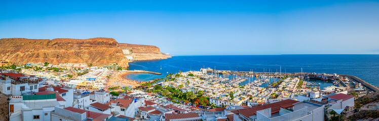 Marina of Puerto De Mogan At Gran Canaria With Small Fishing Port is Called a Little Venice of the Canaries - obrazy, fototapety, plakaty