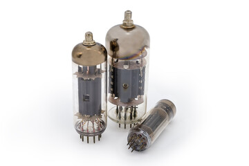 Different old vacuum tubes on a white background