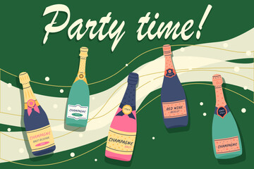 Doodle wine. Doodle drawing different champagne bottles. Alcoholic drink for party, new year and birthday and wedding. Invitation card or poster. Vector modern cartoon isolated poster © Natalia