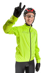 Professional Cyclist Posing Equipped in Green Jacket With Glasses and Helmet Against White.