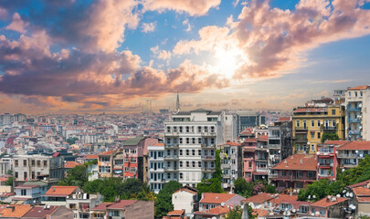 Istanbul panorama, panoramic view old houses on the slope district, Turkey sunset sunrise view sky beautiful.