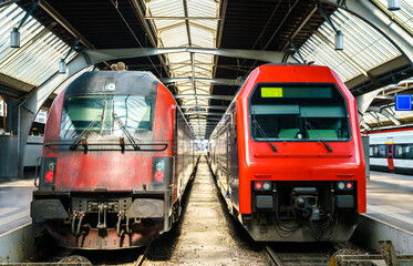 Modern passenger trains at Zurich Main Station in Switzerland