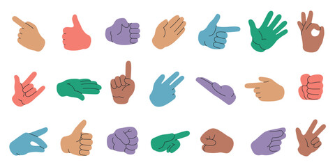 Obraz na płótnie Canvas Colorful hands collection. Human arm and hand gestures, people gestures with fingers, point, shake, fist and hand sign. Vector flat set