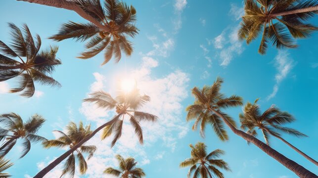 Palm trees from the bottom view on the bright sky 