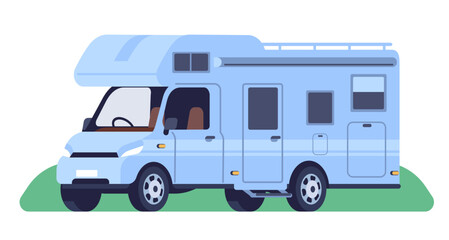 Caravan camper. Motor home on wheels. Automobile camping van. Transport for summer vacation. Tourist transportation by roads. Car trailer. Driving vehicle. Hiking adventure. Vector concept