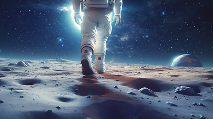 an astronaut takes steps on the surface of the moon, against the background of outer space and...