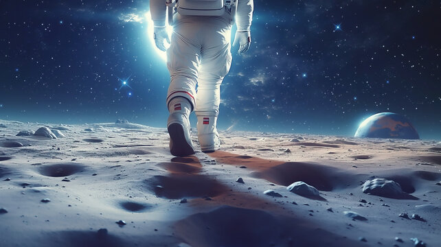 an astronaut takes steps on the surface of the moon, against the background of outer space and planet earth