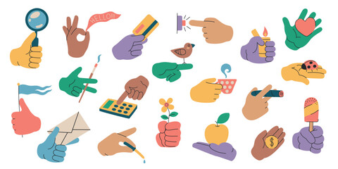 Hands holding objects. Human arm with various stuff, cartoon hand showing gesture and using daily cary tools and items. Vector set