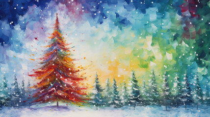 abstract Christmas tree in the style of impressionism, rainbow colors, a place for text - obrazy, fototapety, plakaty