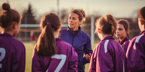 a female coach giving instructions to her team during a football match. Created with generative AI technology.