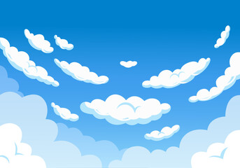 Cumulus clouds on blue sky background. Cartoon meteorological elements. Rounded shapes. Atmospheric evaporation phenomena. Cloudy heaven. Weather forecast. Vector cloudscape concept