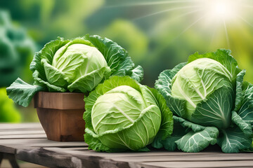 Fresh green cabbage on wooden table with blurred green nature background.  - obrazy, fototapety, plakaty
