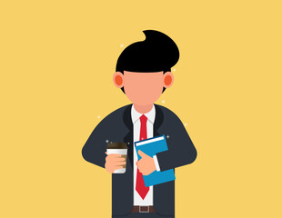 Business success, Working in office. Businessman standing with coffee and documents in hands and feeling confident going to office