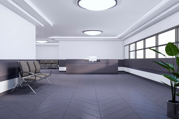 Obraz na płótnie Canvas Waiting area in bright interior with concrete flooring, seats and plants. 3D Rendering.