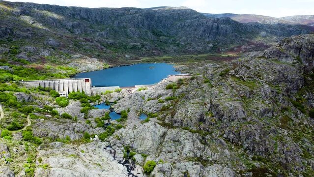 Rio tera canyon and dam in zamora spain, drone dolly push in panoramic