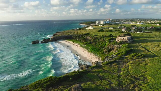 Static aerial of Bathsheba picturesque ocean and landscape. Barbados