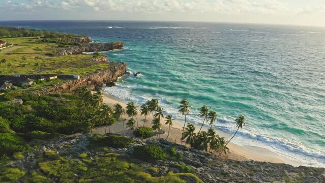 Static wide shot over eastern Barbados beautiful coastline, Bathsheba