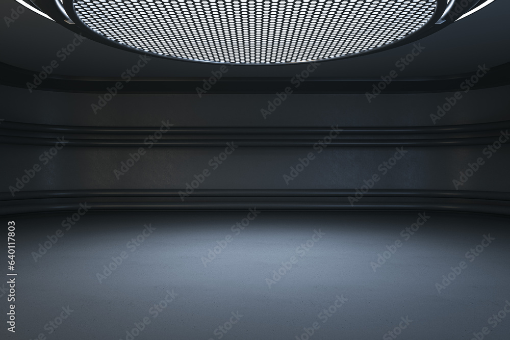 Aufkleber Clean dark futuristic interior with round ceiling and mock up place. Grunge garage concept. 3D Rendering.
