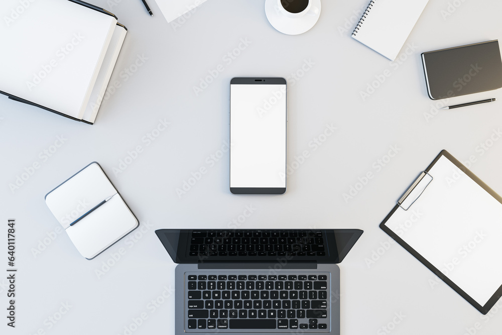 Poster top view and close up of white office desk top with supplies, devices and mock up place for your adv