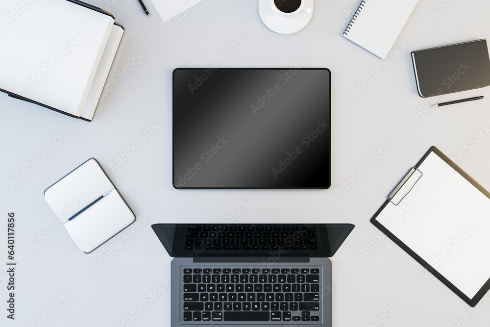 Poster top view and close up of white office workplace with supplies, devices and mock up place for your ad