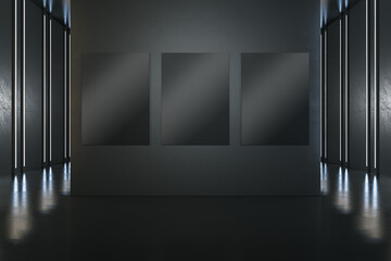 Modern black gallery interior with blank mock up banner on wall. Museum room concept. 3D Rendering.