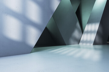 Gray concrete gallery interior with geometric walls. 3D Rendering.