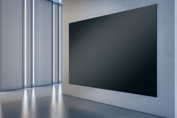 Modern concrete gallery interior with empty black mock up banner on wall. Museum room concept. 3D Rendering.