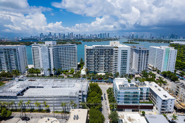 Miami Beach, Florida, USA - Aerial of Luxury mid-rise condominium at South Beach facing Biscayne...