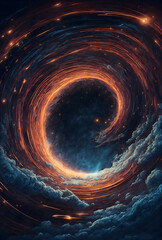 Illustration of a wormhole opening up in the sky, in the style of 1970s sci-fi art