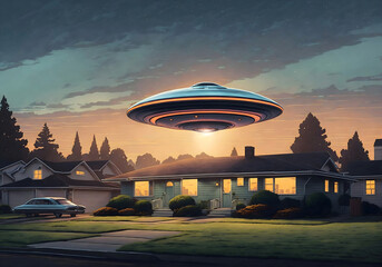 Illustration of a flying saucer landing in a suburban neighborhood, in the style of 1970s sci-fi art
