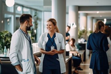 Fototapeta premium Portrait of man and woman doctor talking in hospital