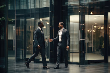 Business meeting. African American businessman shaking hands with caucasian businessman.
