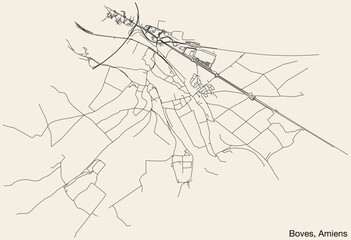 Detailed hand-drawn navigational urban street roads map of the BOVES COMMUNE of the French city of AMIENS, France with vivid road lines and name tag on solid background