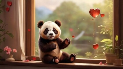 panda with a heart in window
