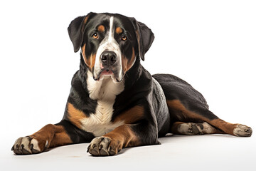 A Greater Swiss Mountain Dog isolated on white plain background