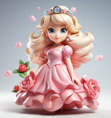 Fototapeta premium Cartoon Beautiful Cute Little Princess with Flowers in a Pink Dress extreme closeup. Generative AI